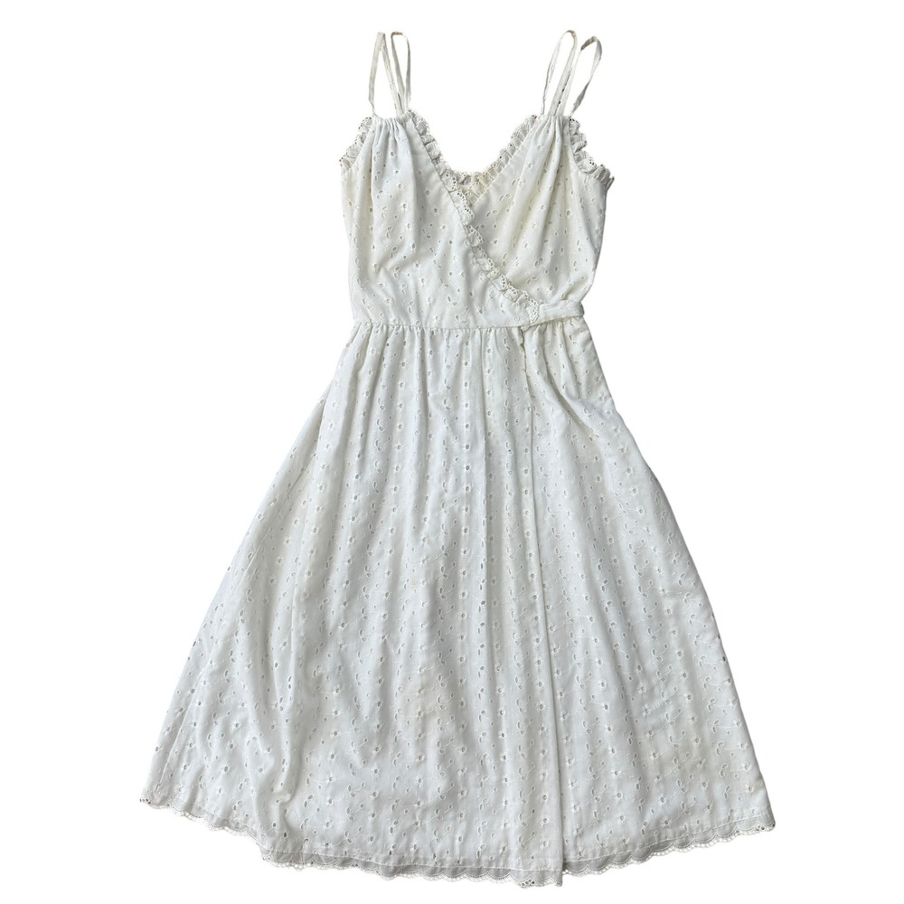 Lanz Vintage 70s Eyelet Prairie Midi Dress Tie Waist Medium White Cottage Midi